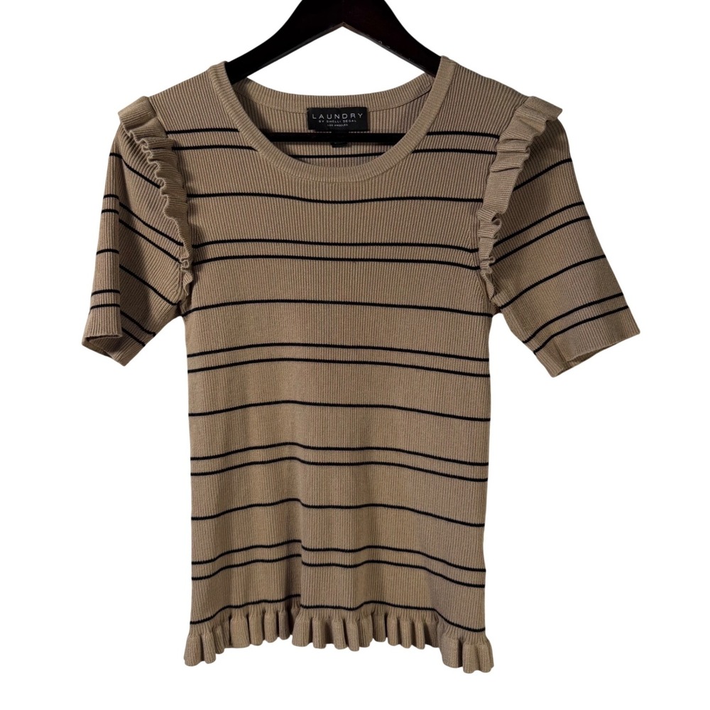 Laundry by Shelli Segal Ribbed Knit Ruffle Sleeve Top Tan Black‎ Stripe M